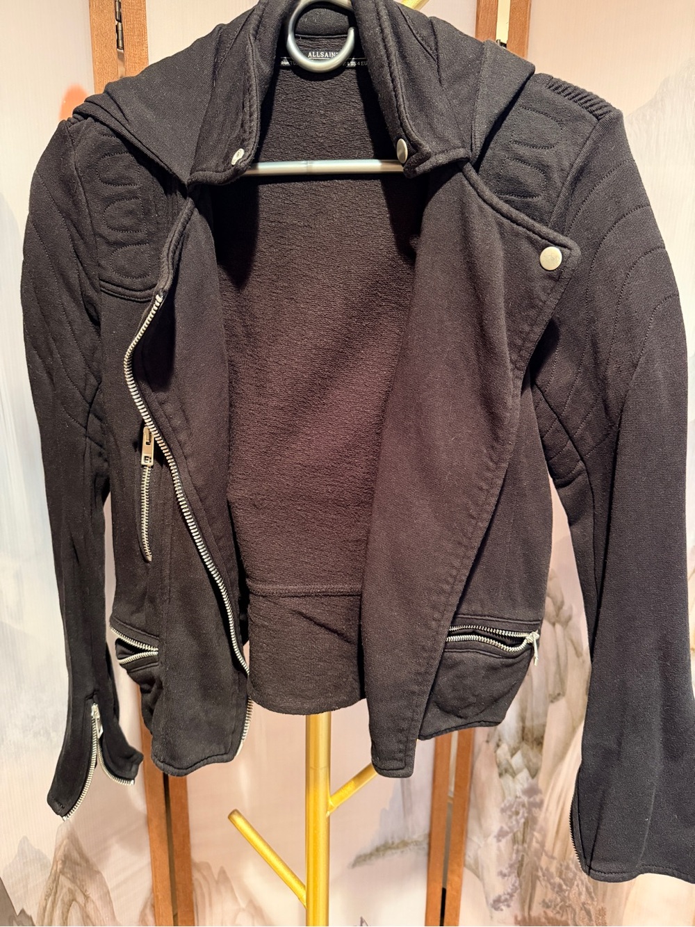 All Saints Black Quilted Moto-Style Jacket with Silver Zips